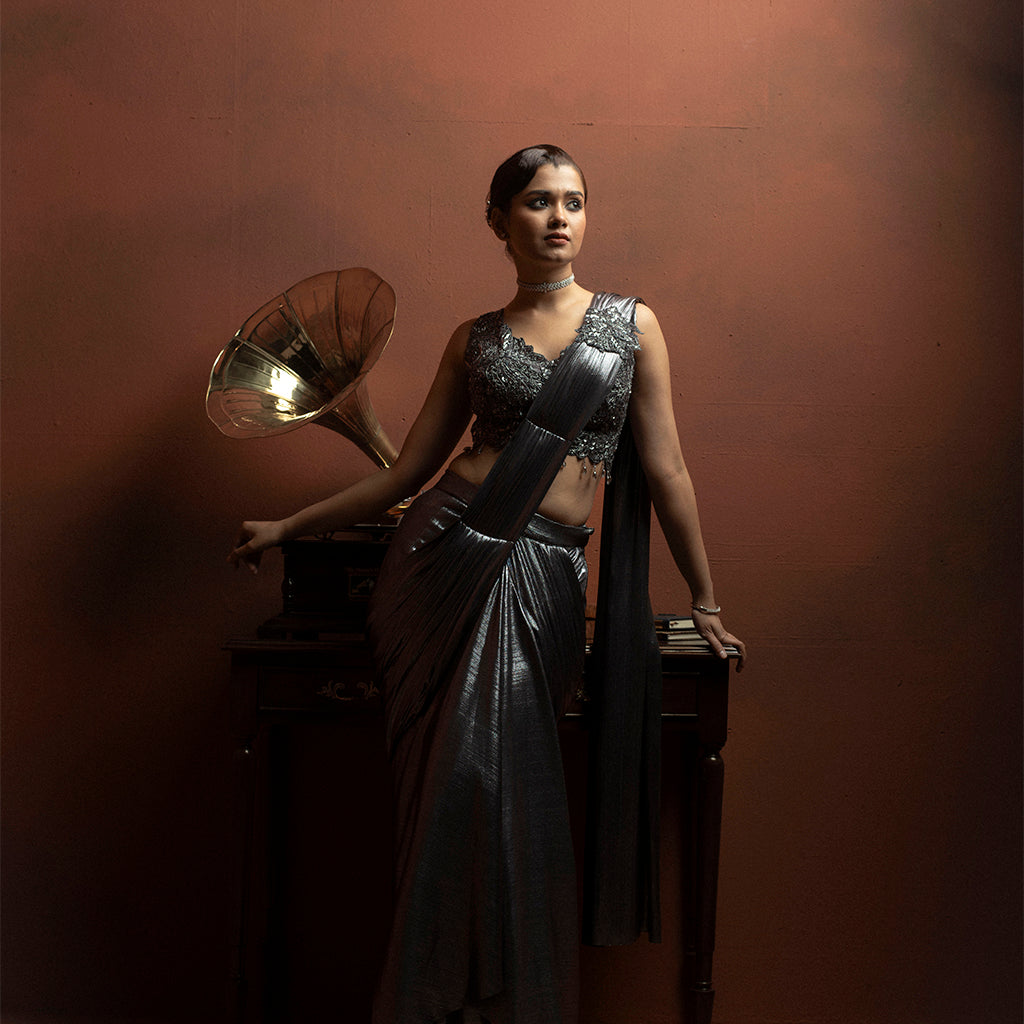 Metallic Pleated Pre-Draped Saree with Sequin Blouse - Metallic Sarees 2026