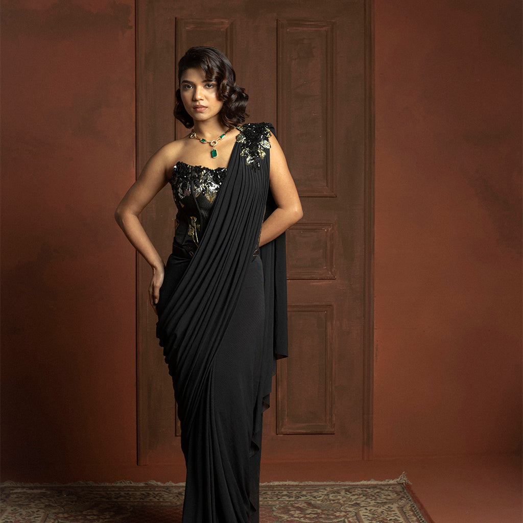 Black Corset Fit Drape Saree - Saree Blouse Designs 2026