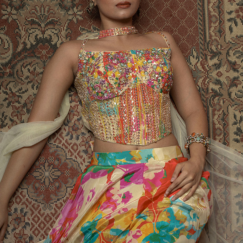 Fuchsia pink floral palazzo set with corset blouse from Rangoli India