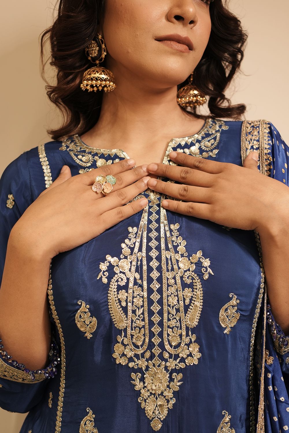 Royal blue crepe silk embroidered sharara suit from Rangoli India