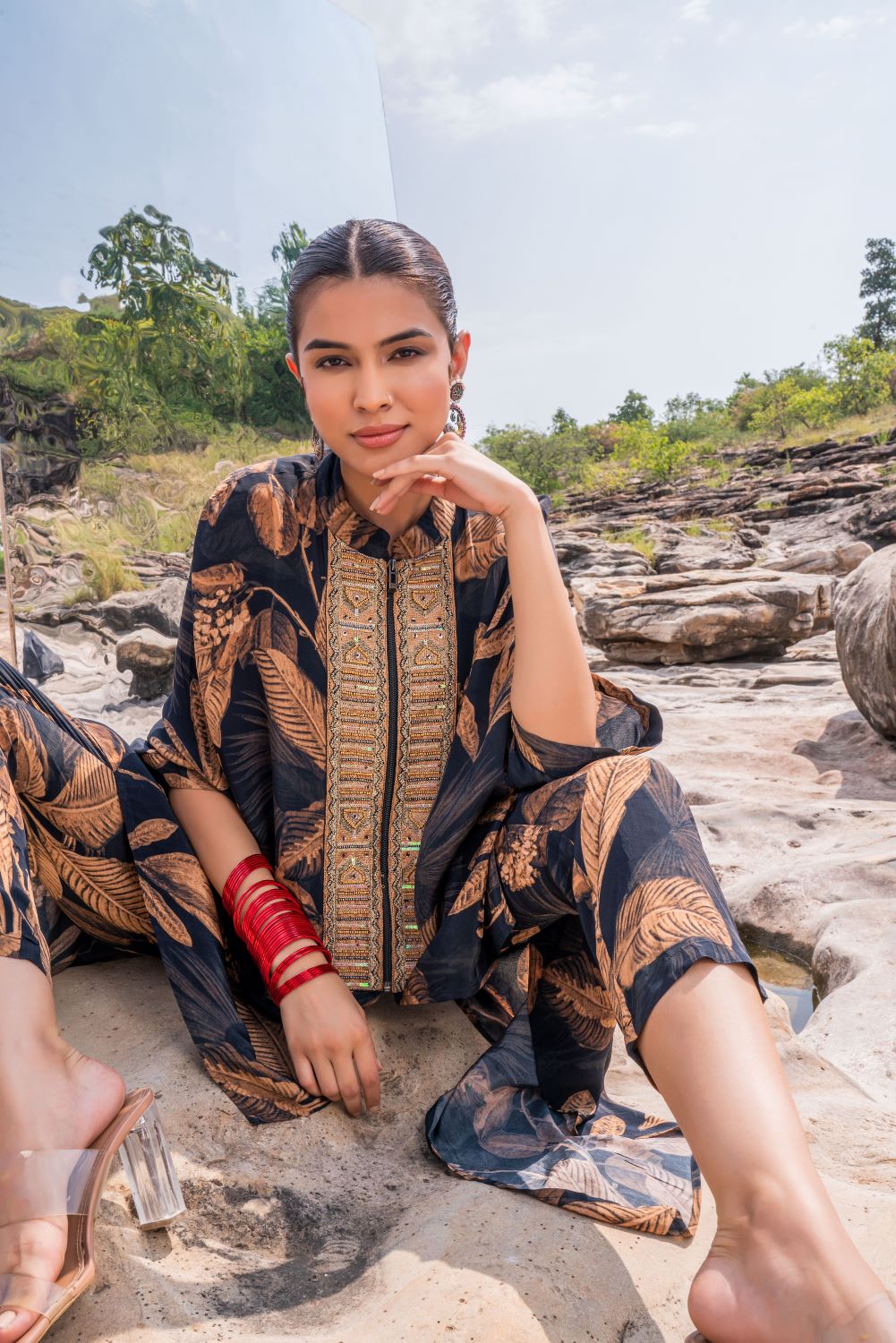 Black crepe silk kaftan co-ord set from Rangoli India