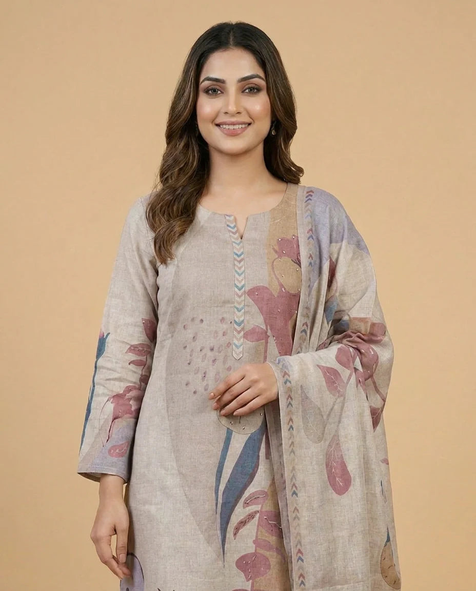 Mauve cotton linen straight suit for monsoon from Rangoli India
