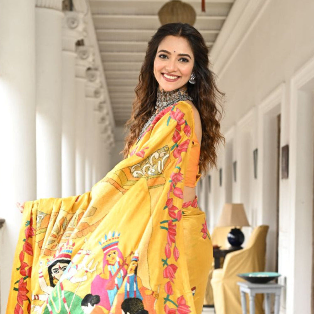 Mustard Hand Kantha Stitched Tussar Silk Saree - Rath Yatra 2026