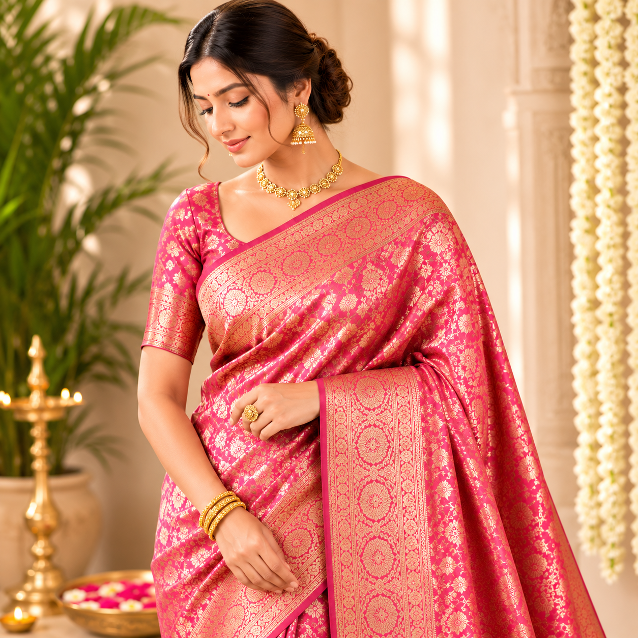 Banarasi Sarees collection cover with close side-pose model in pink Banarasi saree