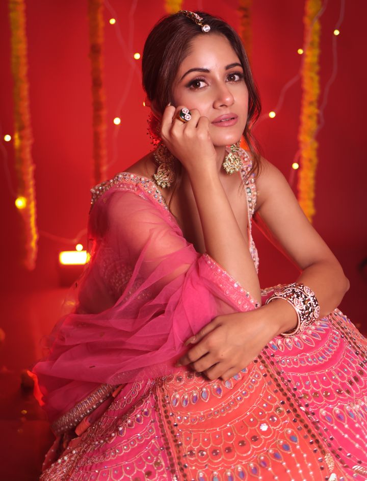 Designer Sequins Pink/Peach Embroidered Lehenga Set
