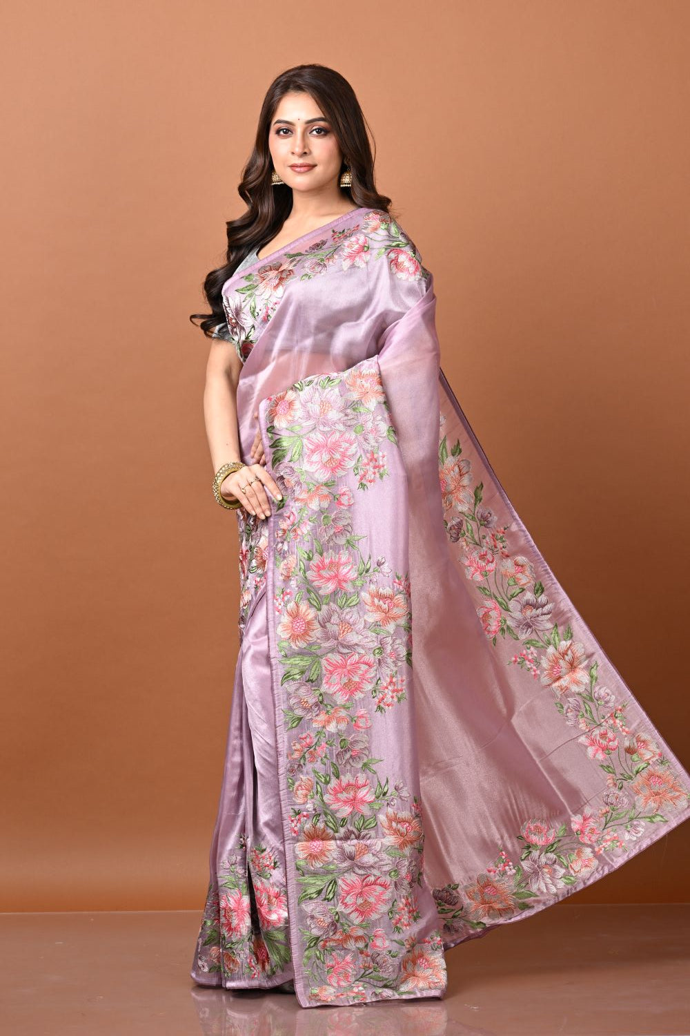 Pink Tissue Embroidery Saree