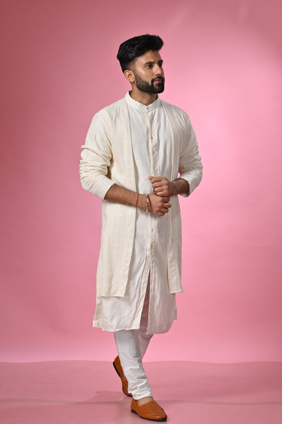 Off-white Kurta Set with Long Jacket