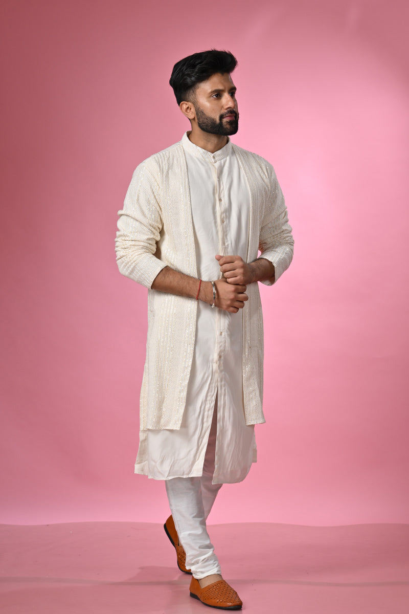 Off-white Kurta Set with Long Jacket
