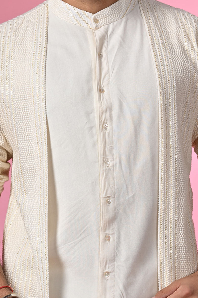 Off-white Kurta Set with Long Jacket
