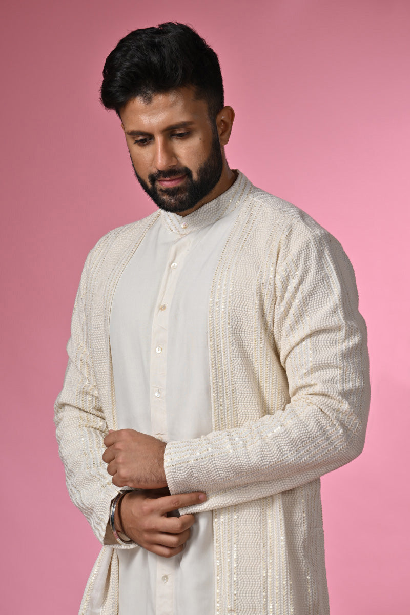 Off-white Kurta Set with Long Jacket