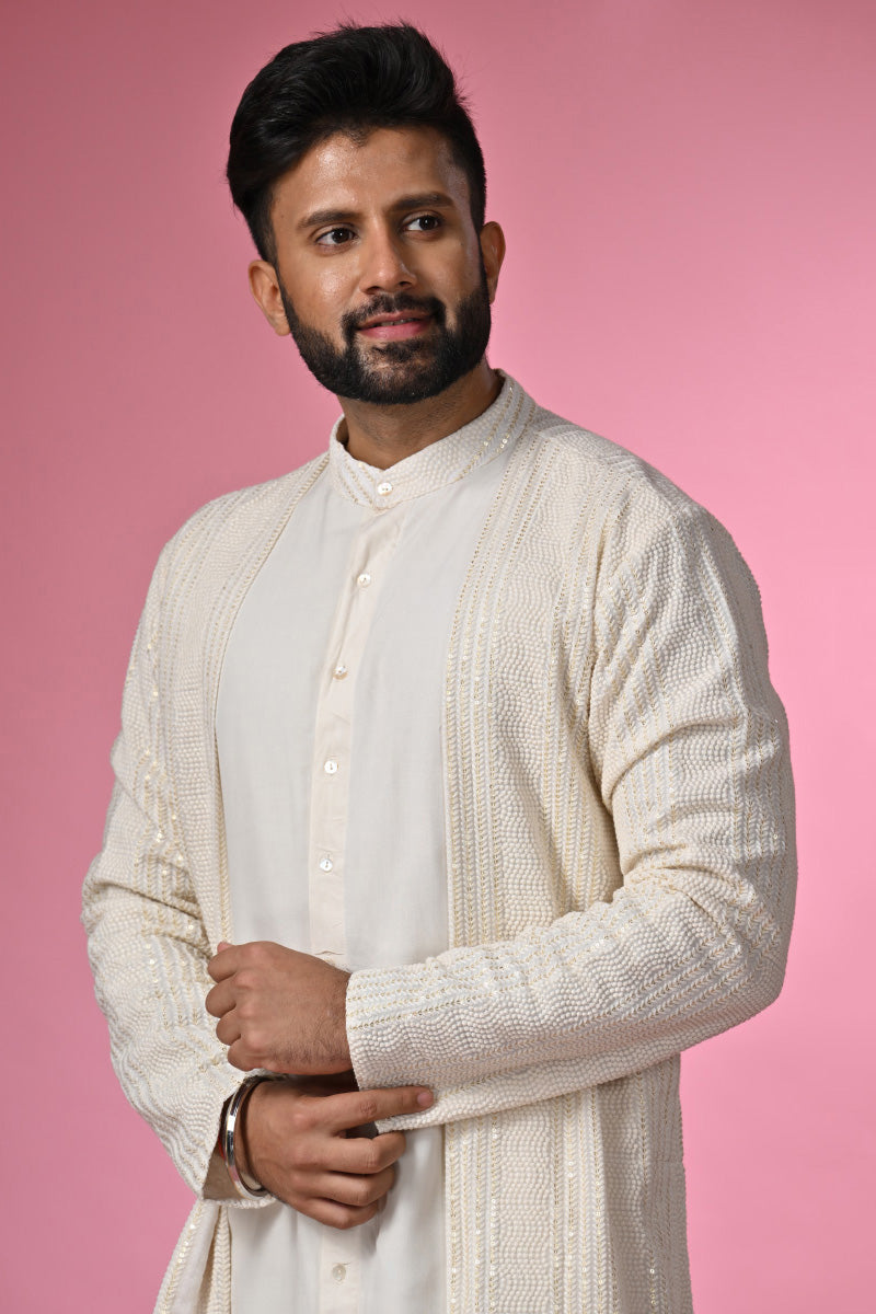Off-white Kurta Set with Long Jacket