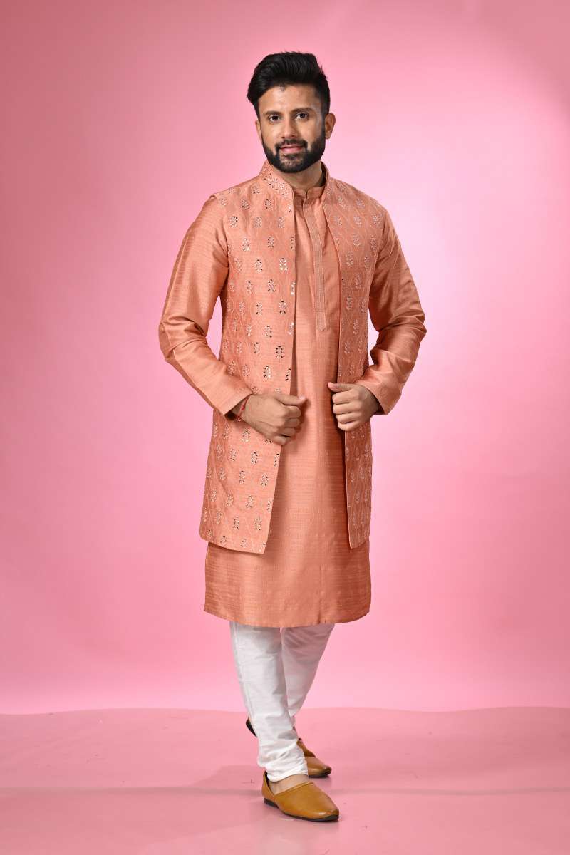 Coral Peach Kurta Set With Jacket