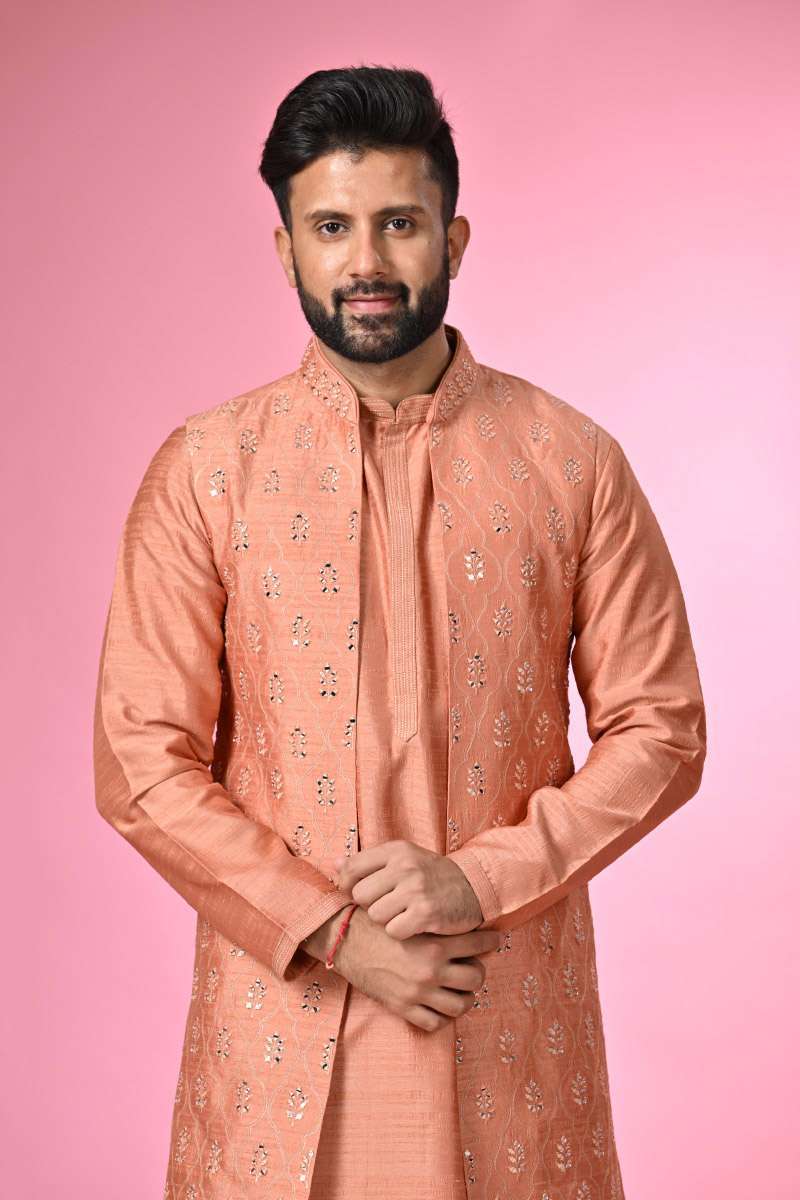 Coral Peach Kurta Set With Jacket