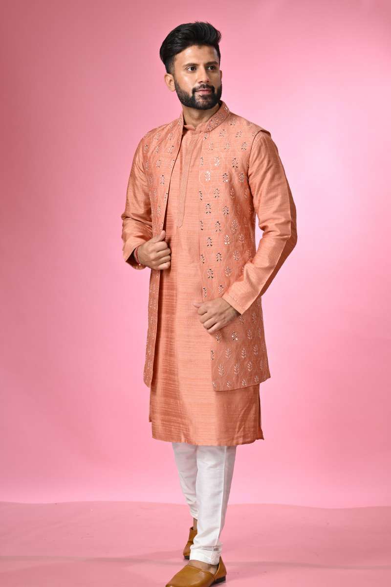 Coral Peach Kurta Set With Jacket