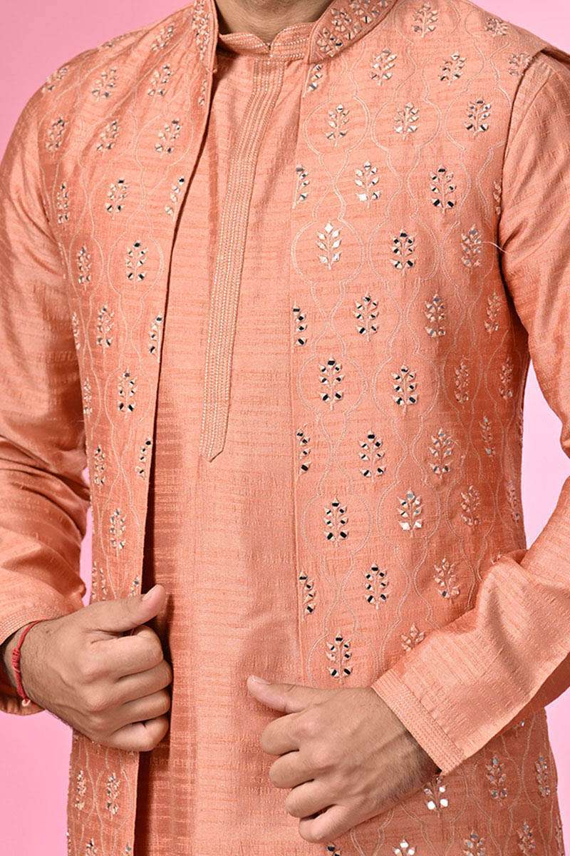 Coral Peach Kurta Set With Jacket