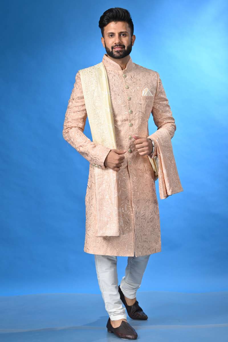 Peach Sherwani With Dupatta