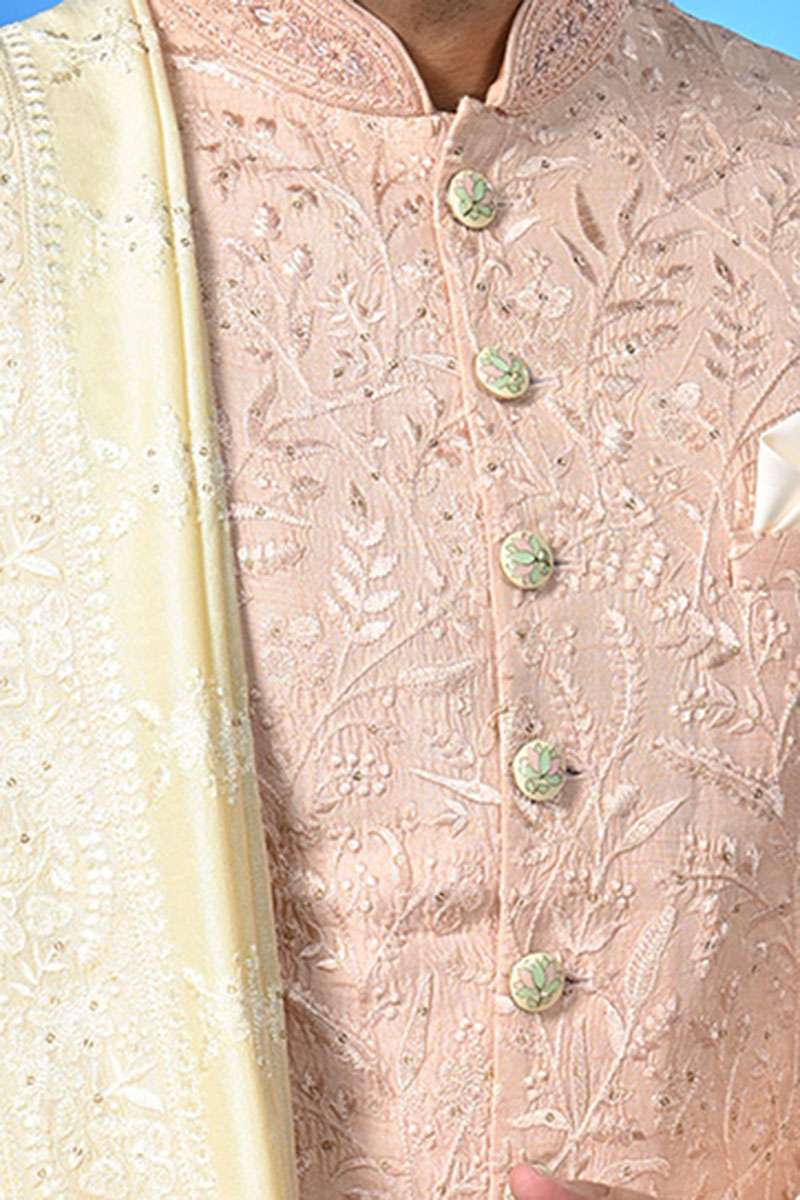 Peach Sherwani With Dupatta