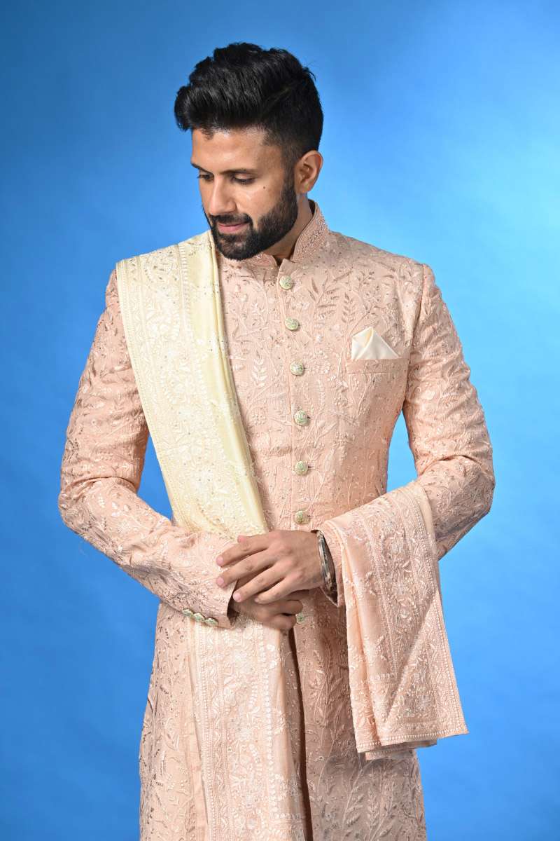 Peach Sherwani With Dupatta