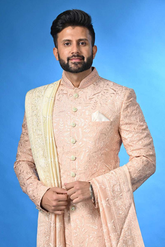 Peach Sherwani With Dupatta