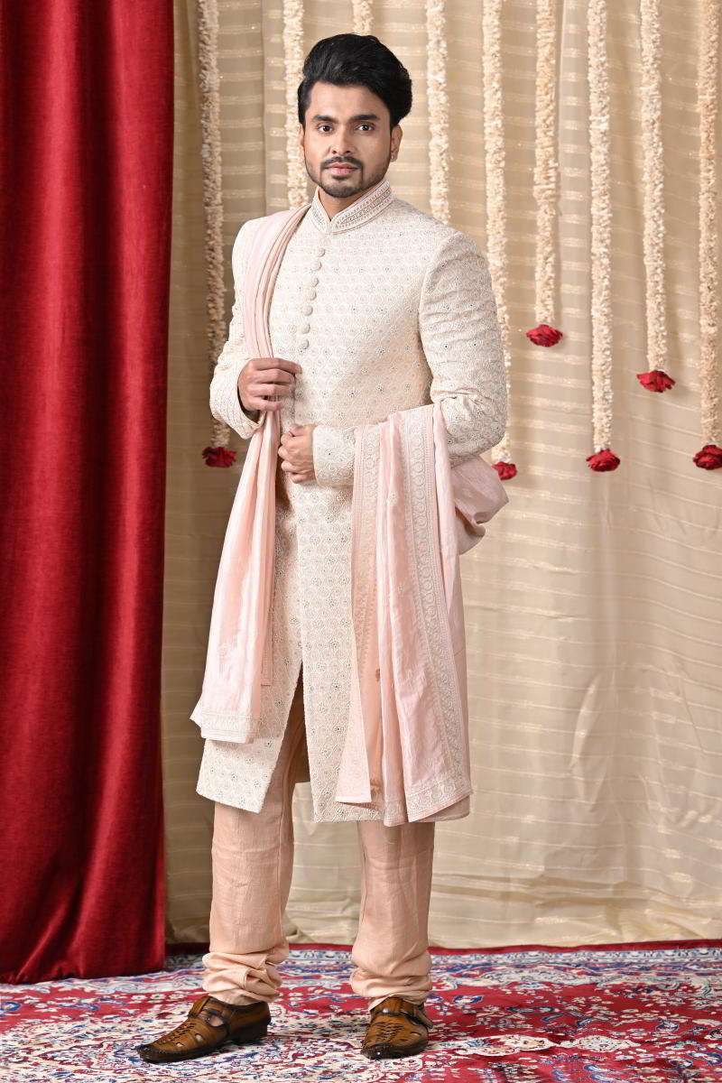 Peach Sherwani With Dupatta