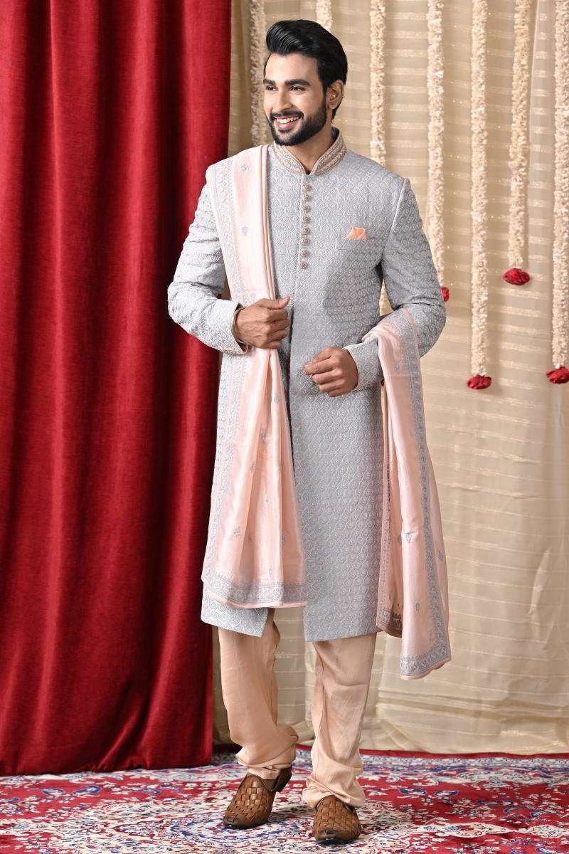Grey Sherwani With Dupatta