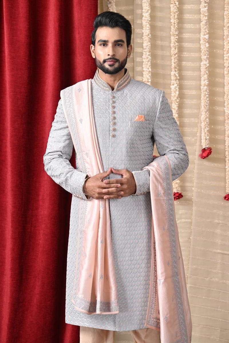 Grey Sherwani With Dupatta