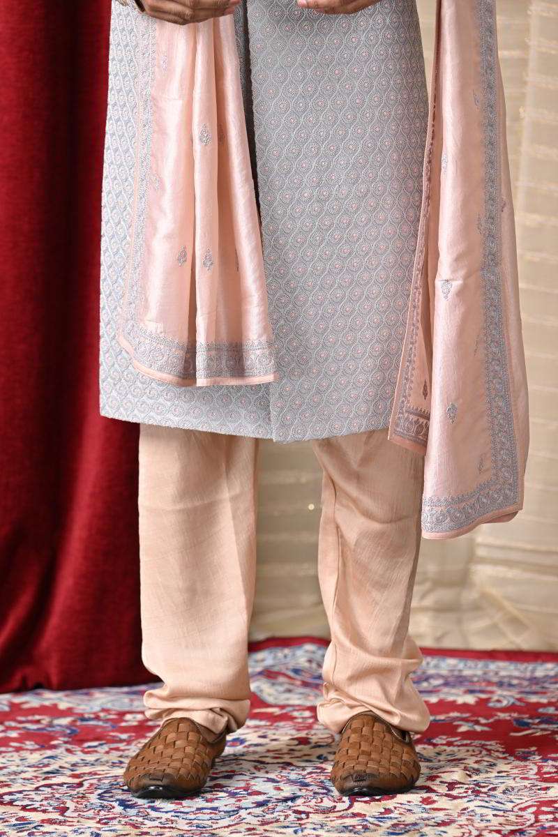 Grey Sherwani With Dupatta