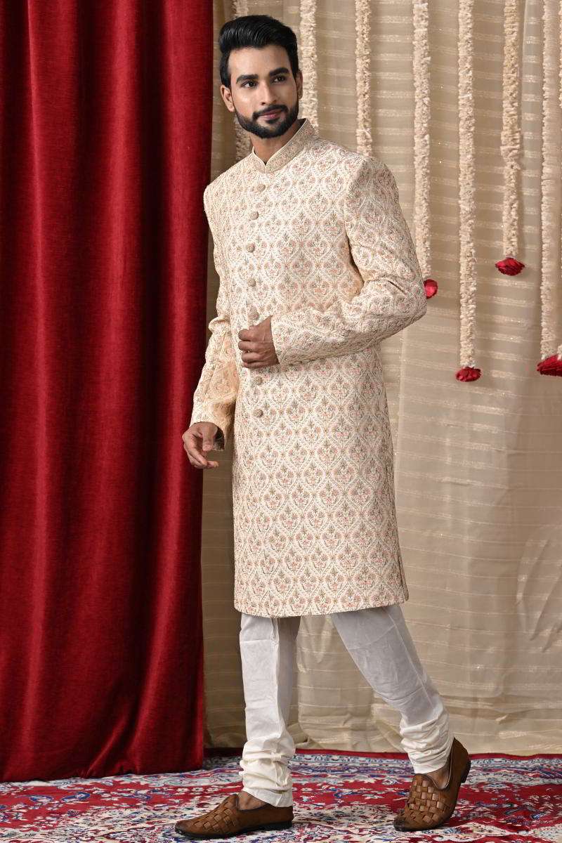 Beige Floral Sherwani