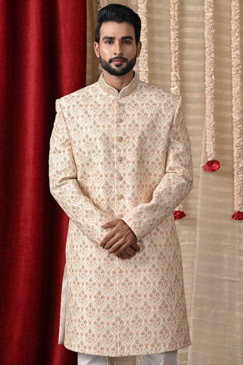 Beige Floral Sherwani