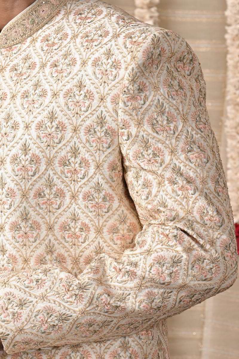 Beige Floral Sherwani
