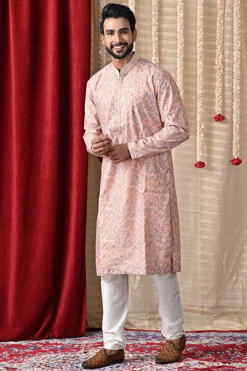 Peach Tussar Silk Kurta Set