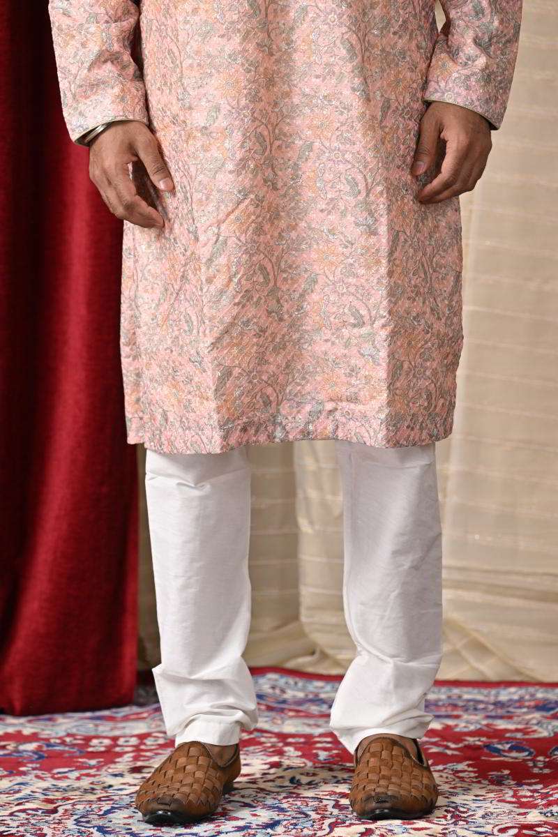 Peach Tussar Silk Kurta Set