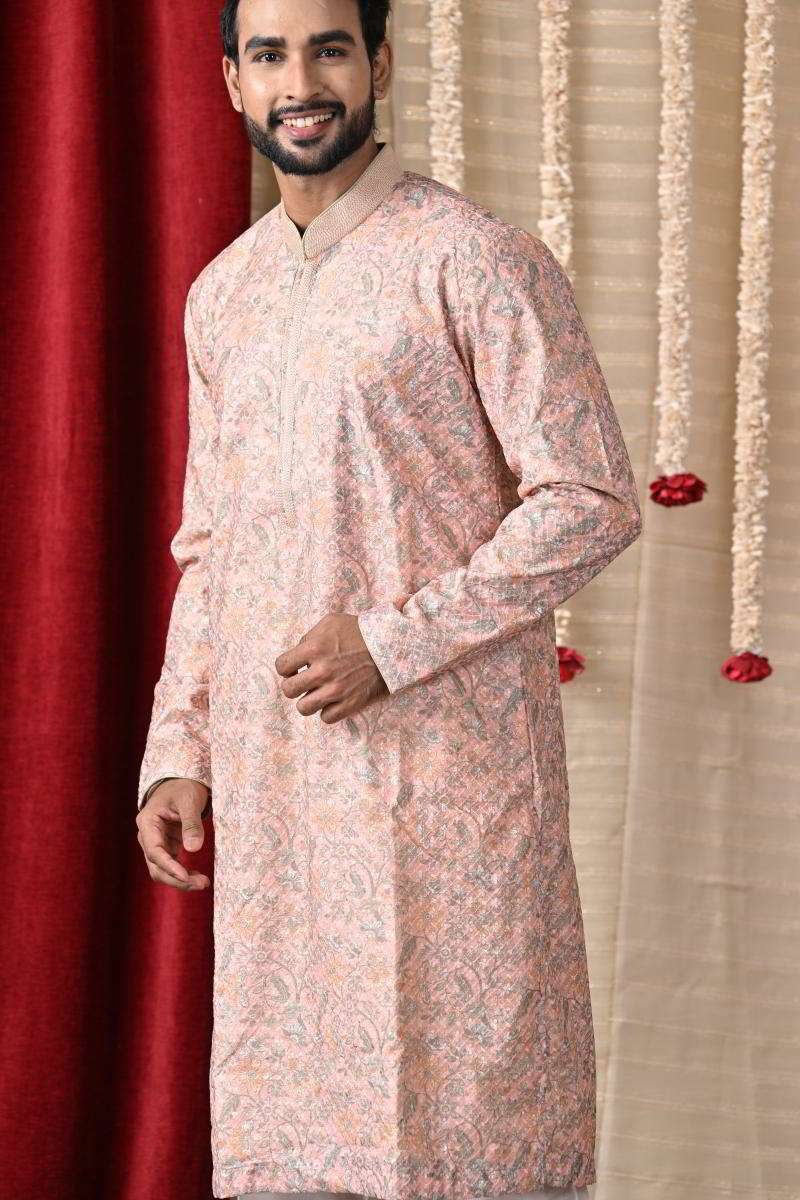 Peach Tussar Silk Kurta Set