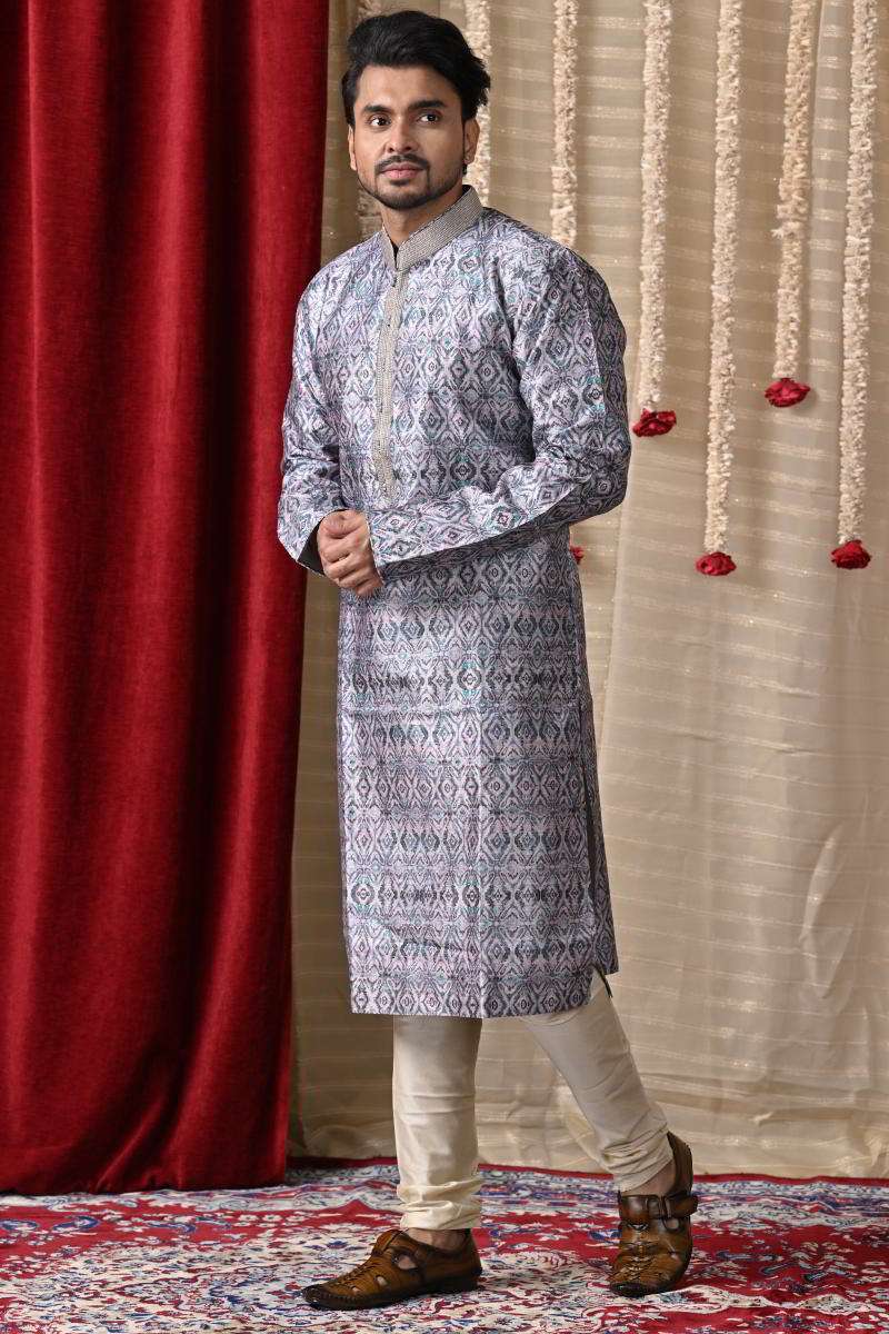 Cloud Grey Tussar Silk Kurta Set