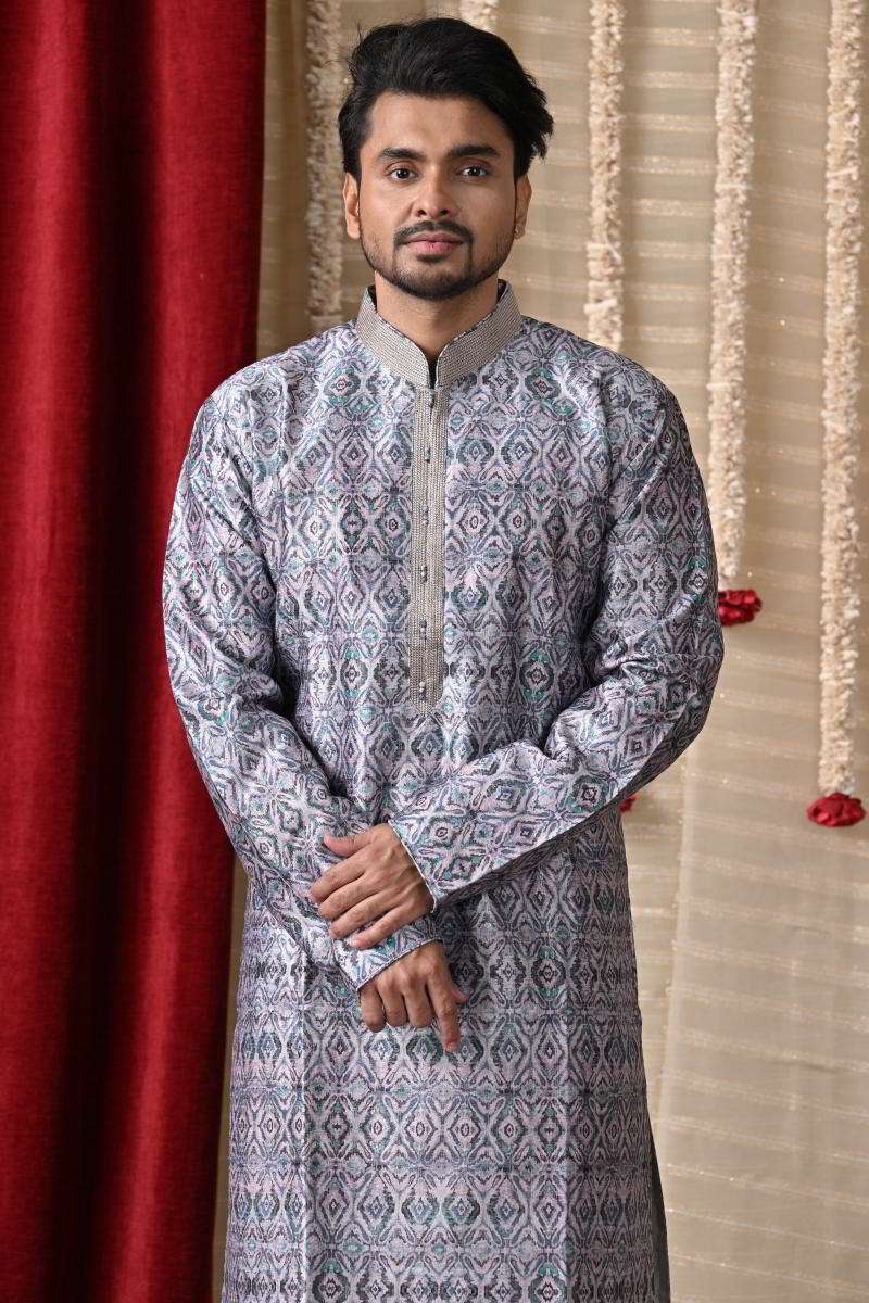 Cloud Grey Tussar Silk Kurta Set