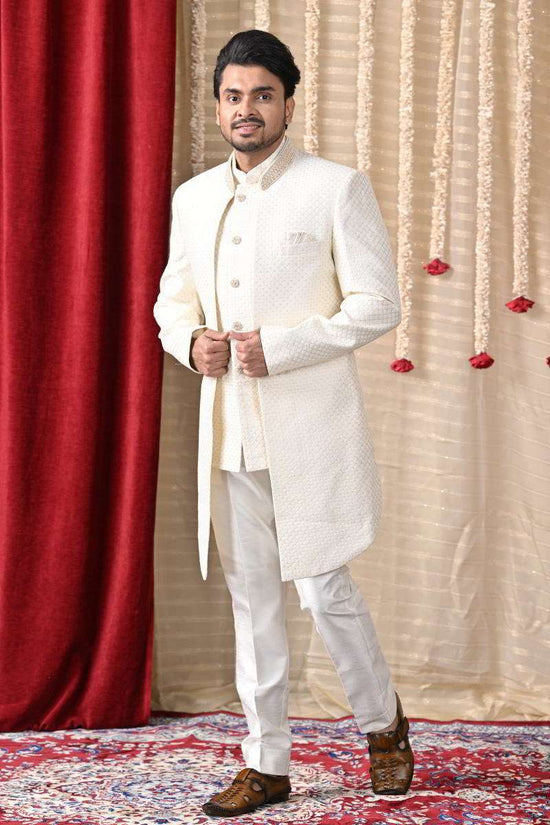 Off White Double Panel Achkan Set