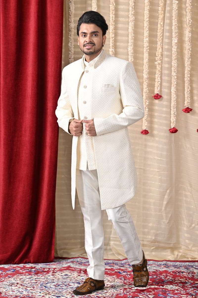Off White Double Panel Achkan Set