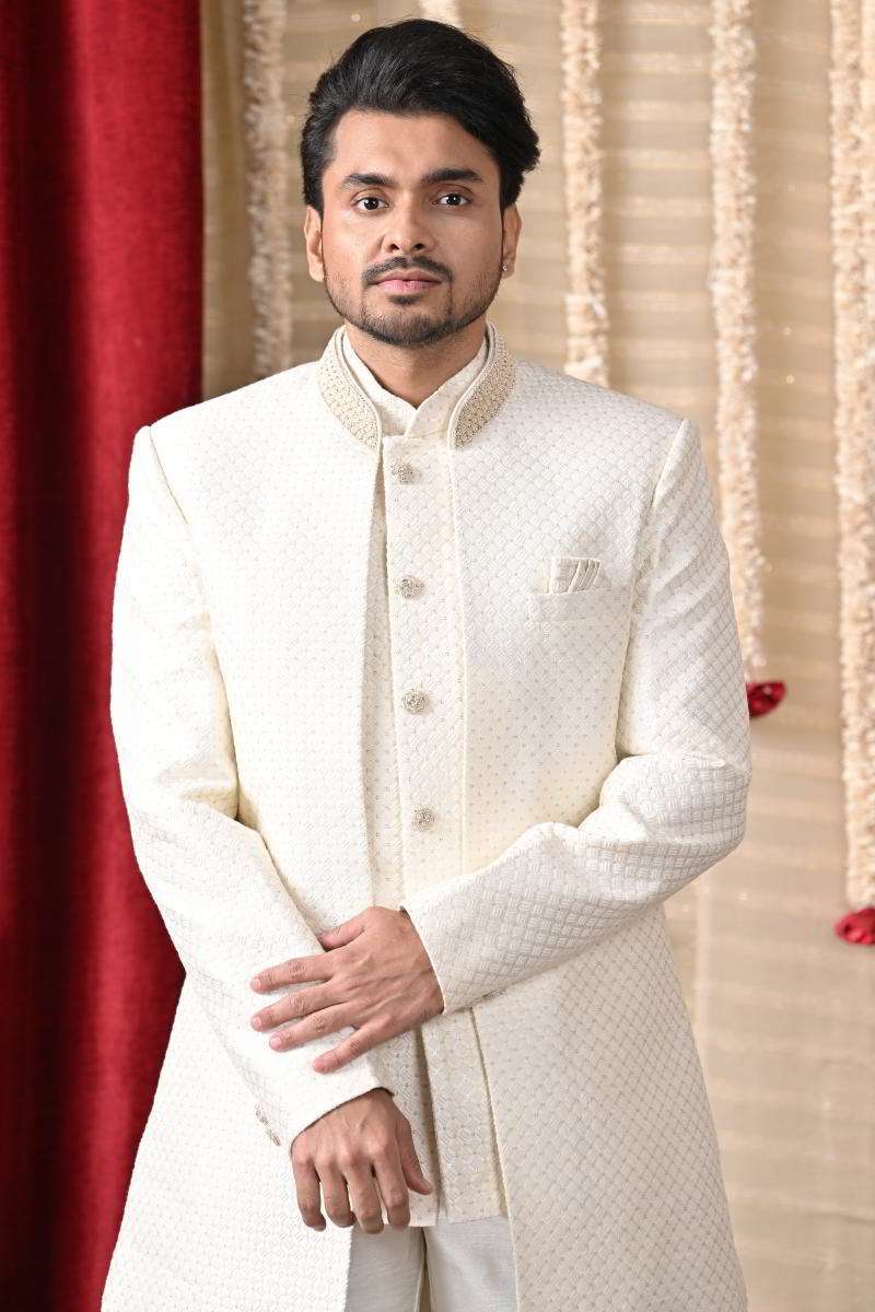 Off White Double Panel Achkan Set