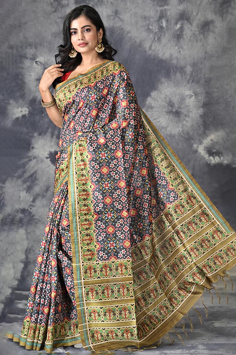 Grey Tussar Silk Saree