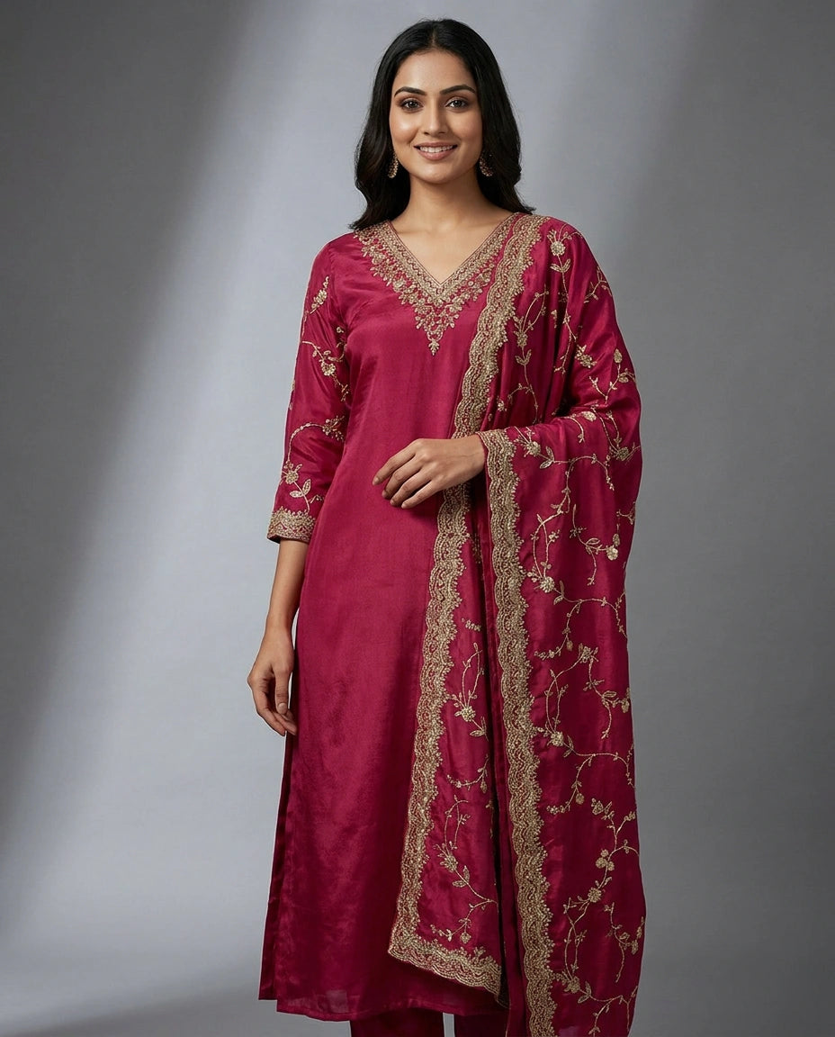 Fuchsia Pink Chinon A-Line Suit