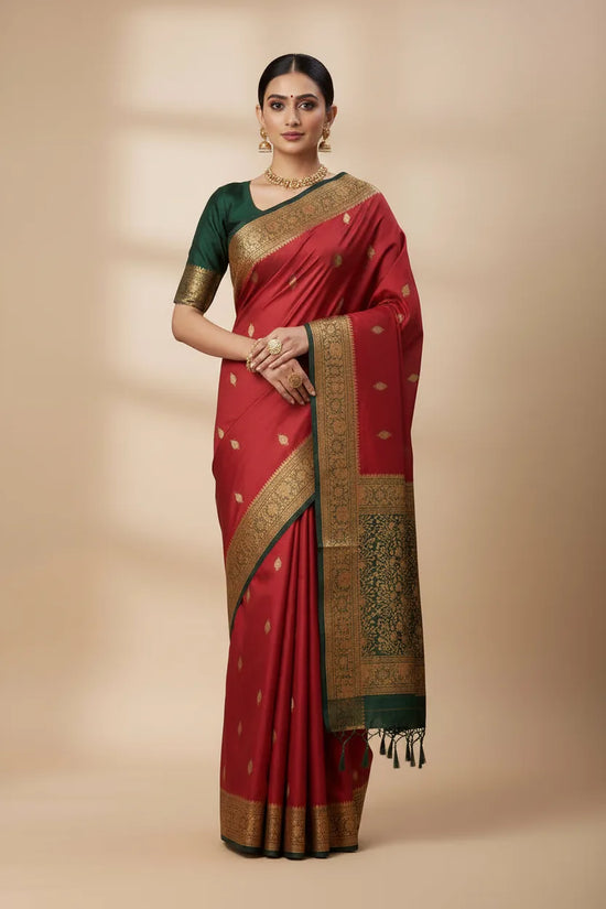 Maroon Traditional Silk Katan South Indian Saree with Contrast Pallu - Rangoli India