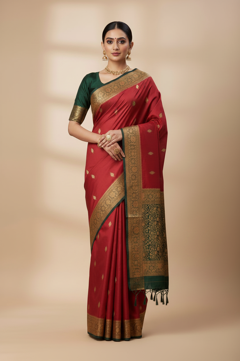 Woman wearing a red saree with gold border on a beige background