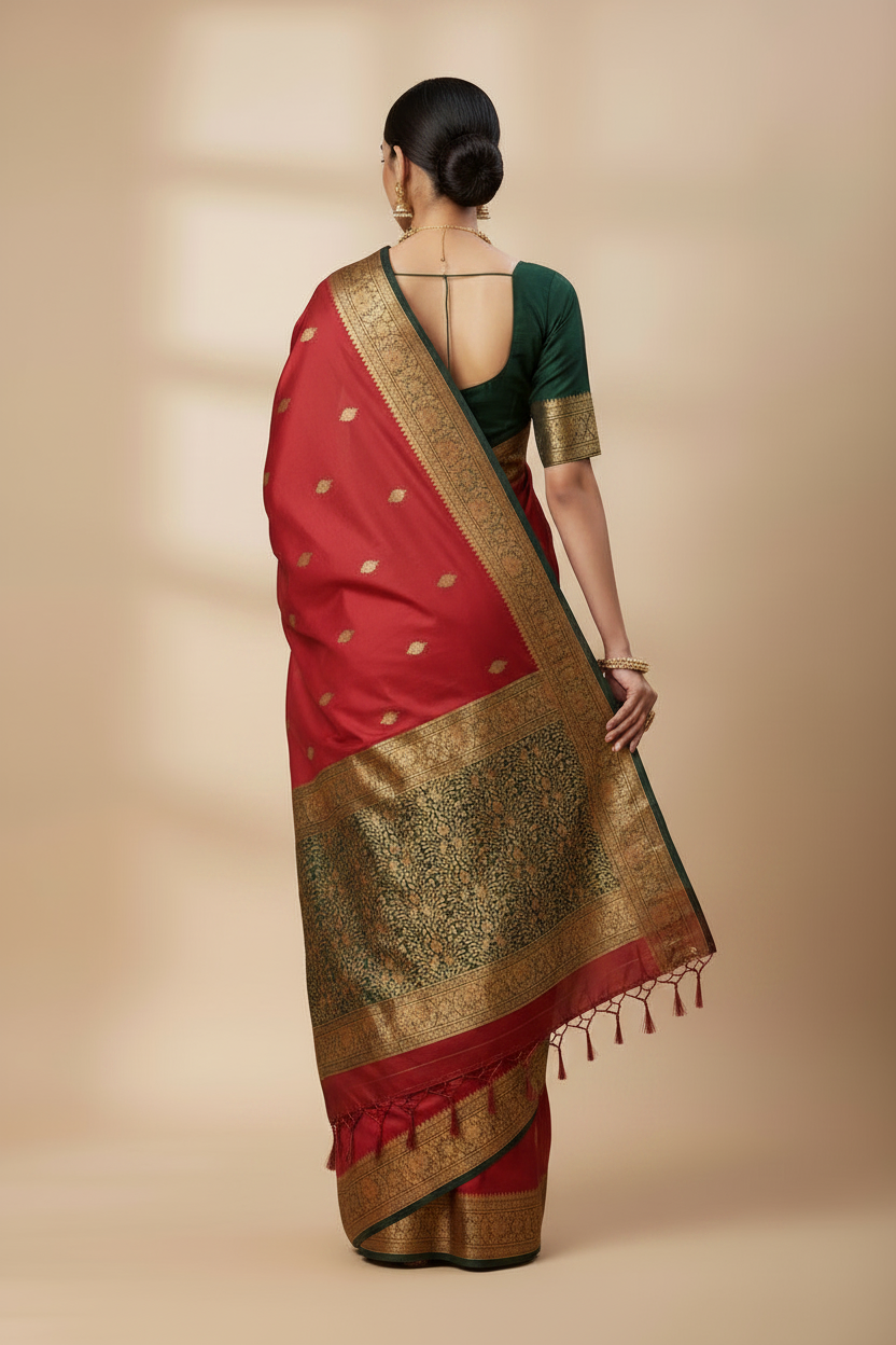 Woman wearing a red and gold saree with a green blouse on a beige background