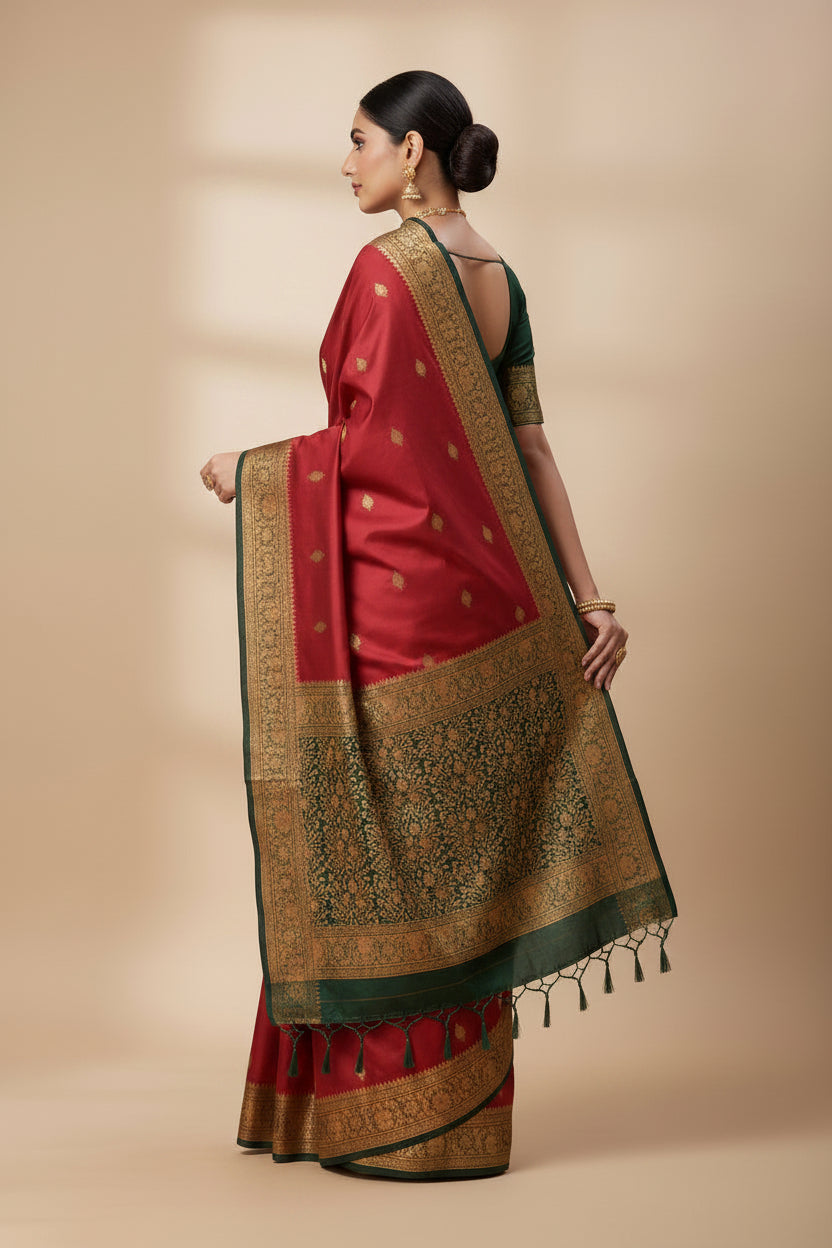 Red fabric with green and gold border on a plain background