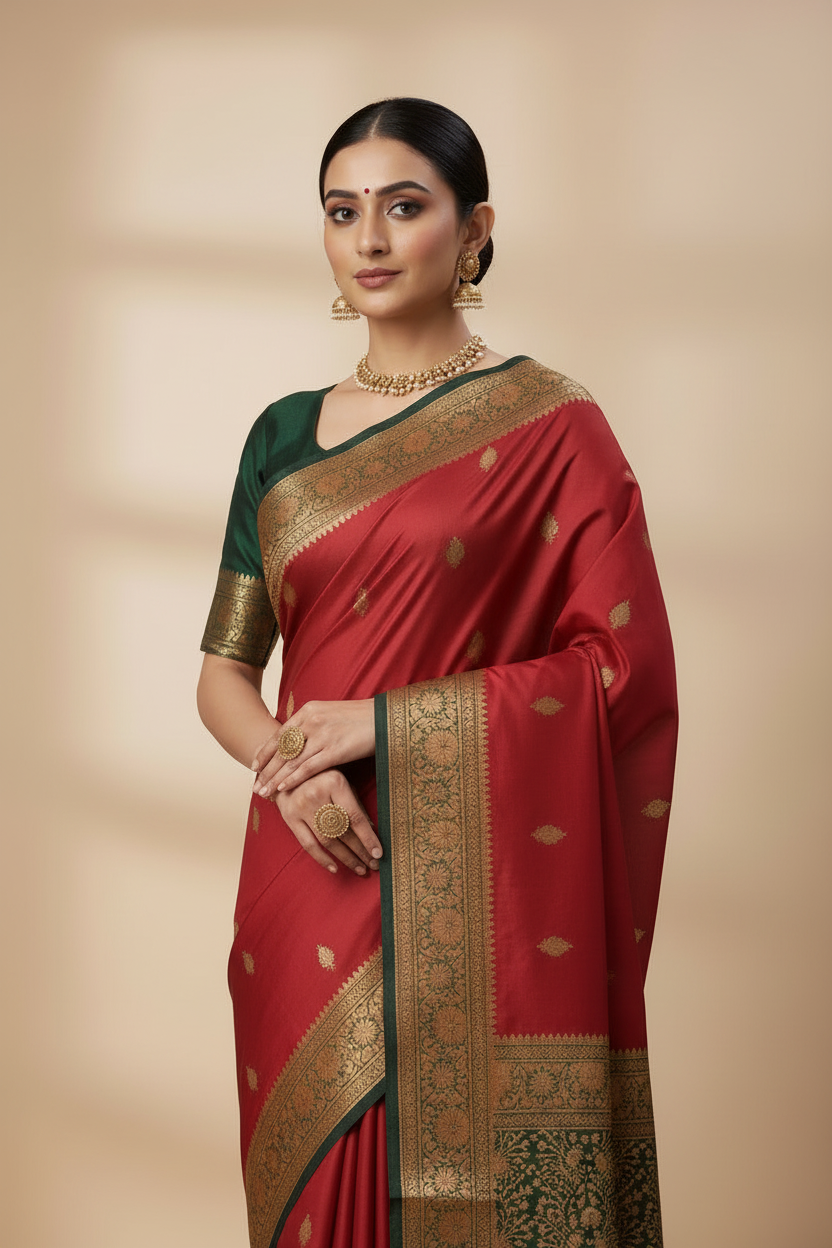Woman wearing a red saree with gold and green details on a beige background