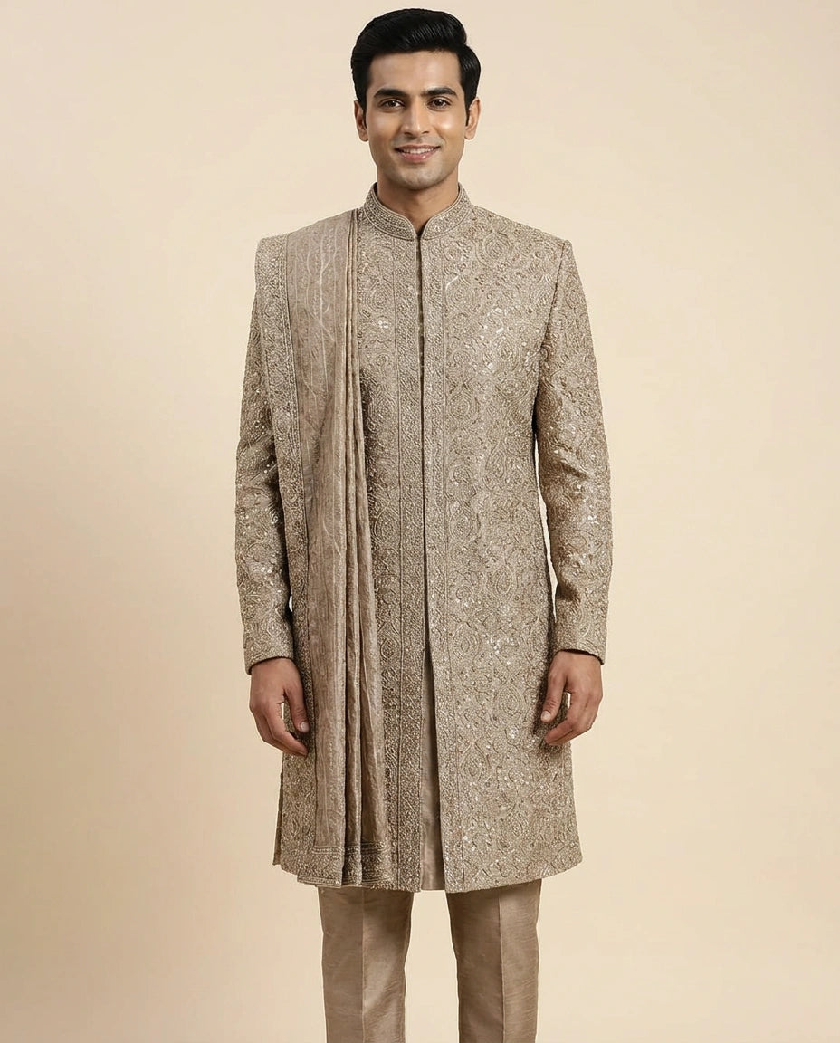 Beige Tissue Sherwani Gold Embroidery - Rangoli India