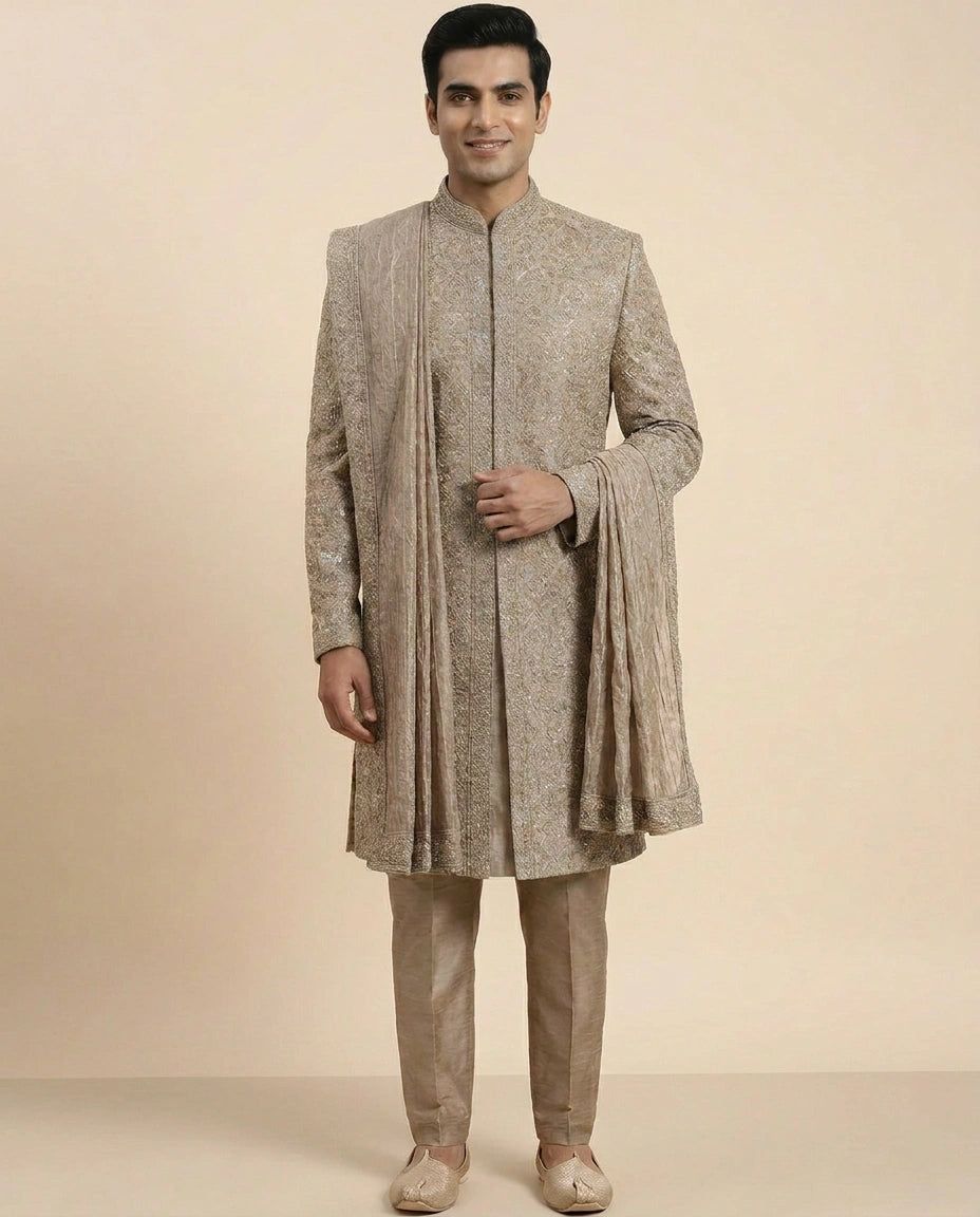 Beige Tissue Sherwani Gold Embroidery - Rangoli India