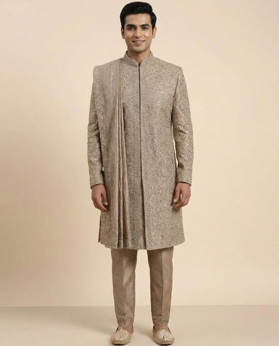 Beige Tissue Sherwani Gold Embroidery - Rangoli India