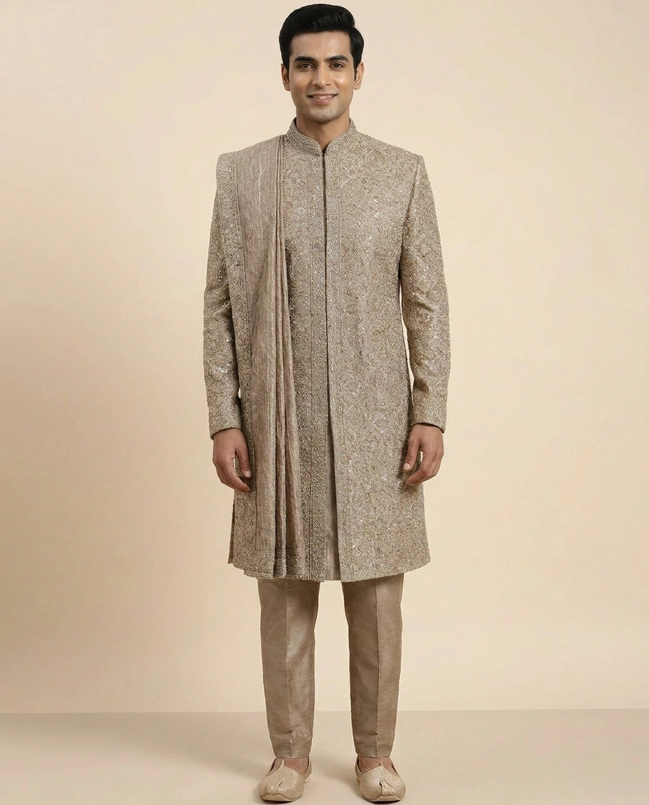 Beige Tissue Sherwani Gold Embroidery - Rangoli India