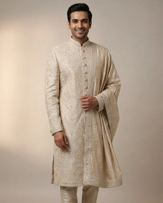 Beige Sherwani in Tissue Embroidery - Rangoli India